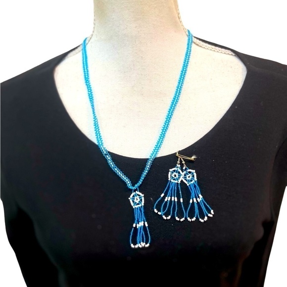 Vtg handmade turquoise & white seed bead morning star necklace & earring set - Picture 1 of 7